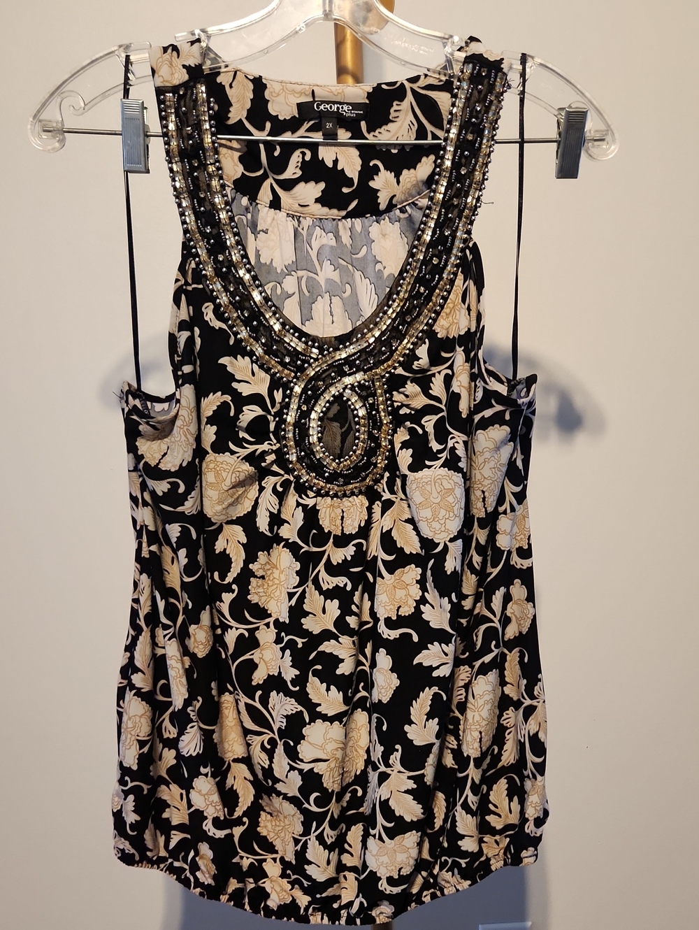 George Embellished Floral Tank Top in Black and Cream